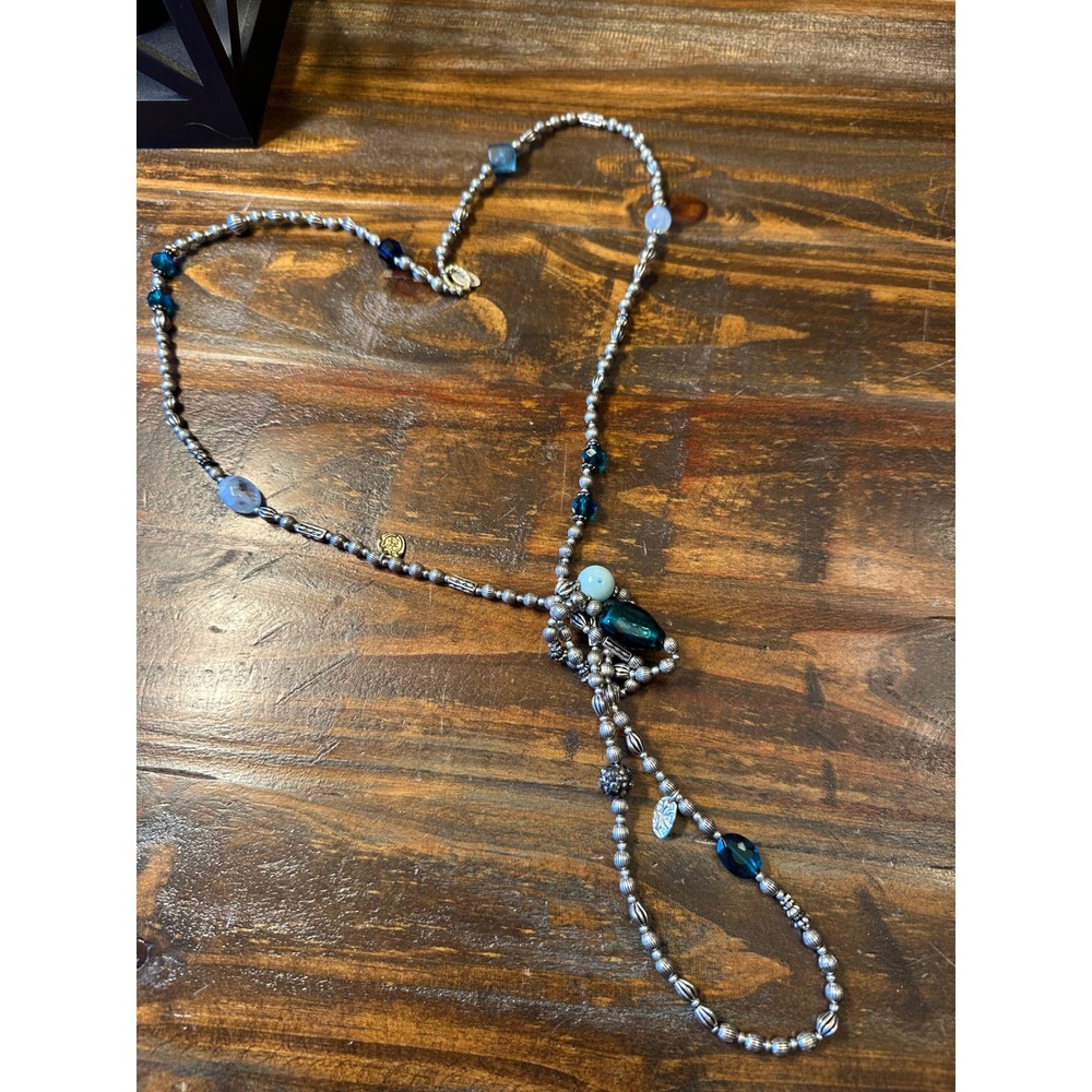 Chicos Long Beaded Necklace Silver Tone Blue‎ Teal Glass Stone Toggle Clasp